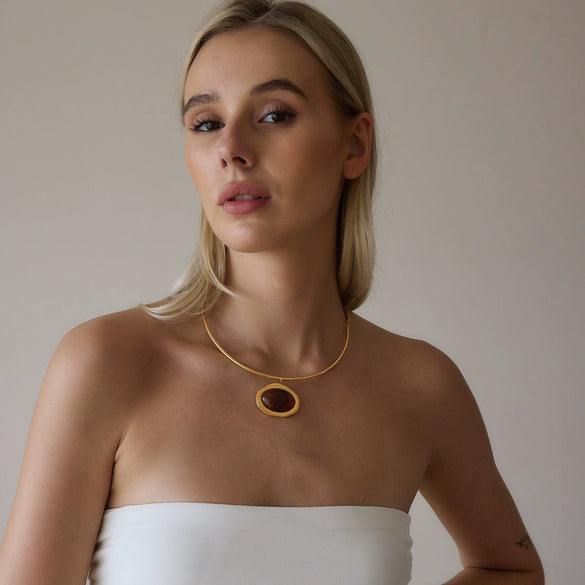 Women's Geometric Stainless Steel Necklace With Large Zircon Pendant Plated Eggshaped Choker Jewelry