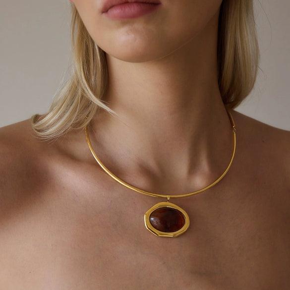 Women's Geometric Stainless Steel Necklace With Large Zircon Pendant Plated Eggshaped Choker Jewelry