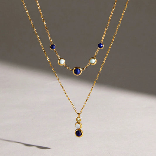 Women's Geometric Stainless Steel Necklace With Natural Lapis Lazuli Pendant Pvd Gold Plated Collarbone Chain With Lobster Clasp