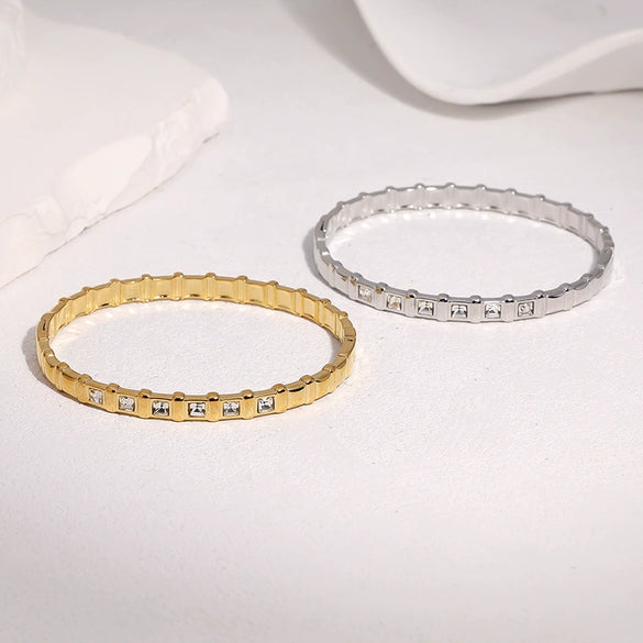 Women's Geometric Stainless Steel Open Cuff Bracelet With Diamond Setting And Colorfast Plated Finish