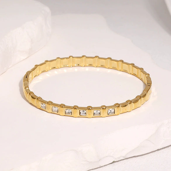 Women's Geometric Stainless Steel Open Cuff Bracelet With Diamond Setting And Colorfast Plated Finish