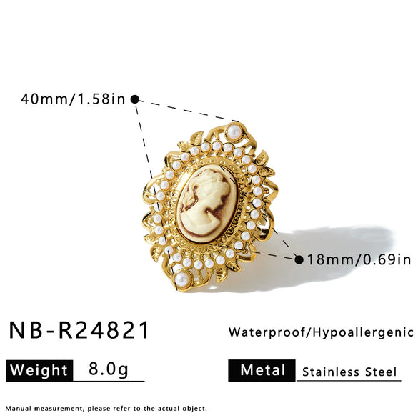 Women's Geometric Stainless Steel Pearl Earrings And Rings With 18K Vacuum Plating Simple Oval Fashion Jewelry Set
