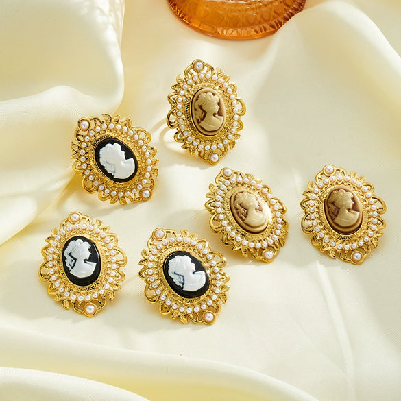 Women's Geometric Stainless Steel Pearl Earrings And Rings With 18K Vacuum Plating Simple Oval Fashion Jewelry Set