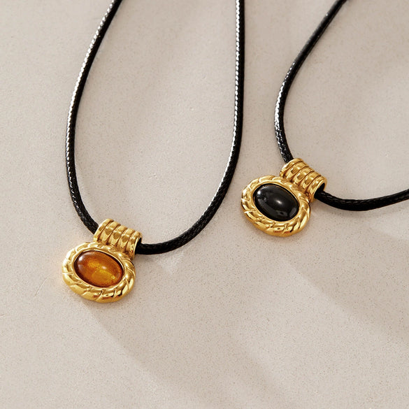 Women's Geometric Stainless Steel Pendant Necklace With Black Rope Chain And Pvd Gold Plated Finish