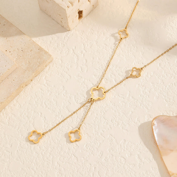 Women's Geometric Stainless Steel Real Gold Plated In The Furnace Tower Chain Fiveflower Tassel Hollow Fourleaf Clover Necklace