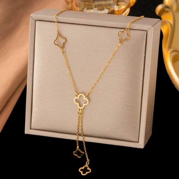 Women's Geometric Stainless Steel Real Gold Plated In The Furnace Tower Chain Fiveflower Tassel Hollow Fourleaf Clover Necklace