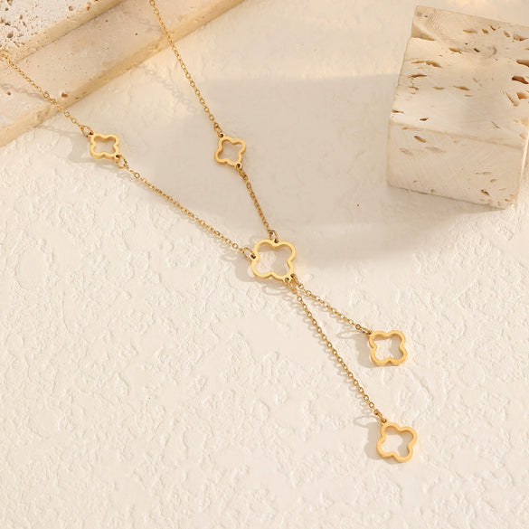 Women's Geometric Stainless Steel Real Gold Plated In The Furnace Tower Chain Fiveflower Tassel Hollow Fourleaf Clover Necklace