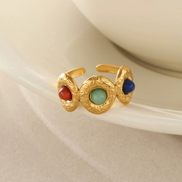 Women's Geometric Stainless Steel Ring With Carved Resin Detail And Vacuum Gold Plating