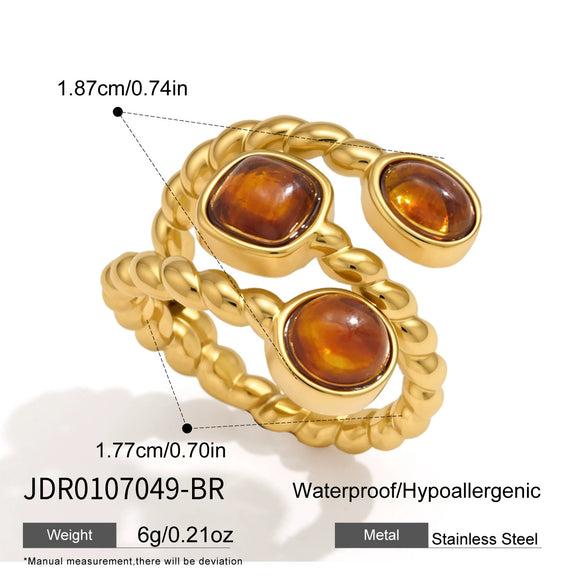 Women’s Geometric Stainless Steel Ring With Natural Stone Color Resin Design And Pvd Gold Plated Finish Hypoallergenic Fashion Jewelry