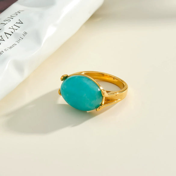 Women’s Geometric Stainless Steel Ring With Natural Stone Inlay And 18K Vacuum Plated Electroplated Finish