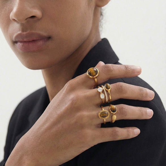 Women's Geometric Stainless Steel Ring With Tiger Eye Stone Zircon Inlay Vacuum Plated Retro Light Luxury Design