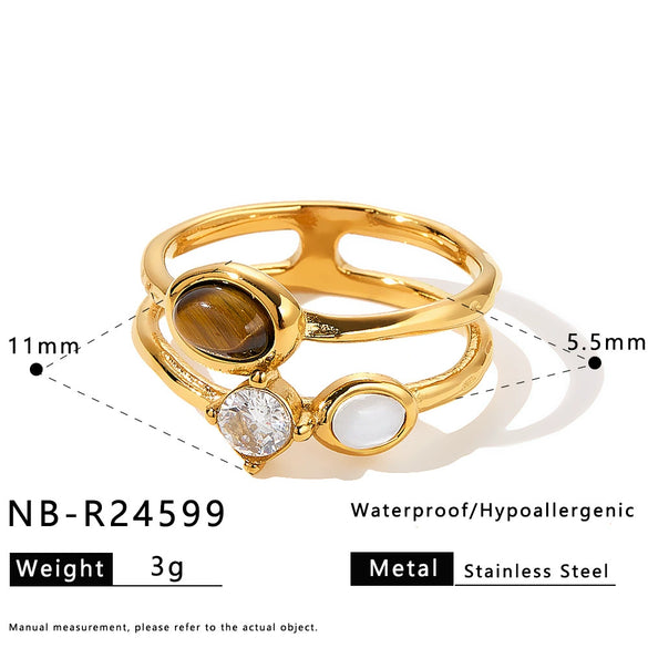 Women's Geometric Stainless Steel Ring With Tiger Eye Stone Zircon Inlay Vacuum Plated Retro Light Luxury Design