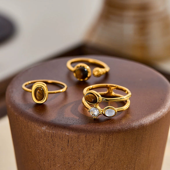 Women's Geometric Stainless Steel Ring With Tiger Eye Stone Zircon Inlay Vacuum Plated Retro Light Luxury Design