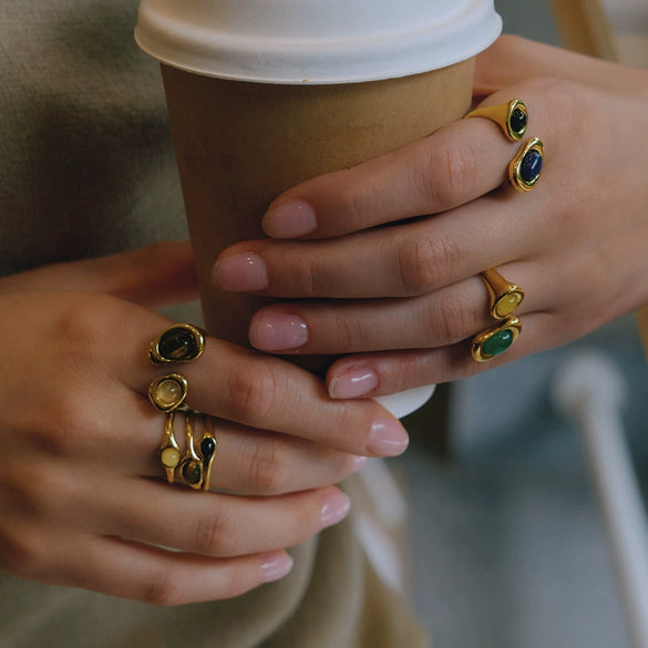 Women's Geometric Stainless Steel Ring With Tiger's Eye And Lapis Lazuli Natural Stone Inlays Pvd Gold Plated Hypoallergenic Jewelry