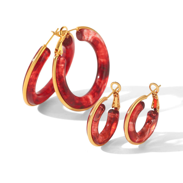 Women's Geometric Stainless Steel Stud Earrings With Burgundy Resin And Pvd Vacuum Gold Plated Finish Personality Fashion Jewelry