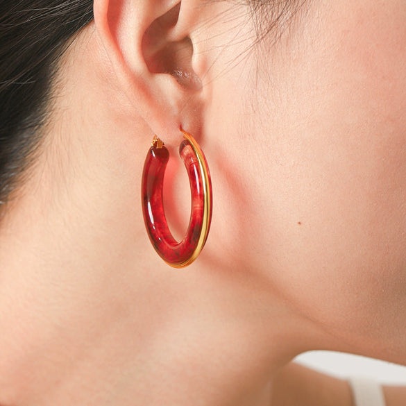 Women's Geometric Stainless Steel Stud Earrings With Burgundy Resin And Pvd Vacuum Gold Plated Finish Personality Fashion Jewelry