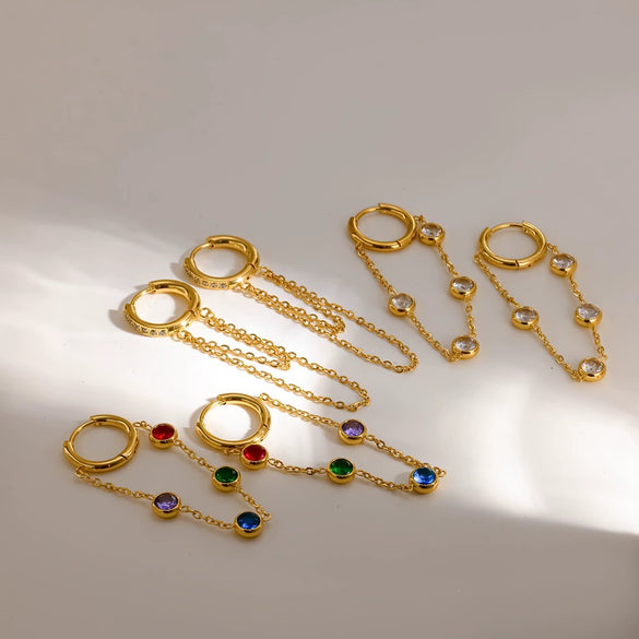 Women's Geometric Stainless Steel Tassel Chain Earrings With Colorful Crystal Inlay Light Luxury Style Pvd Real Gold Plated Non Fading