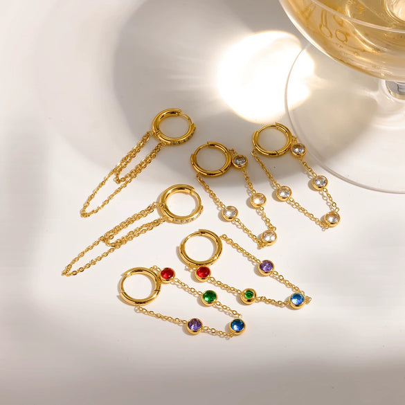 Women's Geometric Stainless Steel Tassel Chain Earrings With Colorful Crystal Inlay Light Luxury Style Pvd Real Gold Plated Non Fading