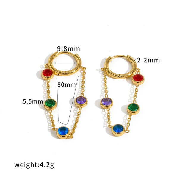 Women's Geometric Stainless Steel Tassel Chain Earrings With Colorful Crystal Inlay Light Luxury Style Pvd Real Gold Plated Non Fading