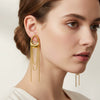 Women's Geometric Stainless Steel Tassel Chain Earrings With Pvd Vacuum Gold Plated Long Drop Design