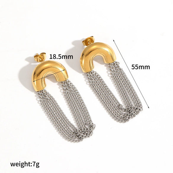 Women's Geometric Stainless Steel Tassel Chain Earrings With Pvd Vacuum Gold Plated Long Drop Design