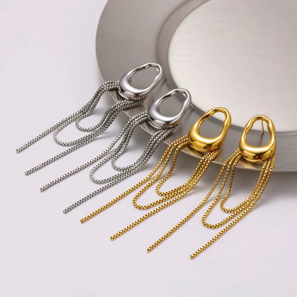 Women's Geometric Stainless Steel Tassel Chain Earrings With Pvd Vacuum Gold Plated Long Drop Design