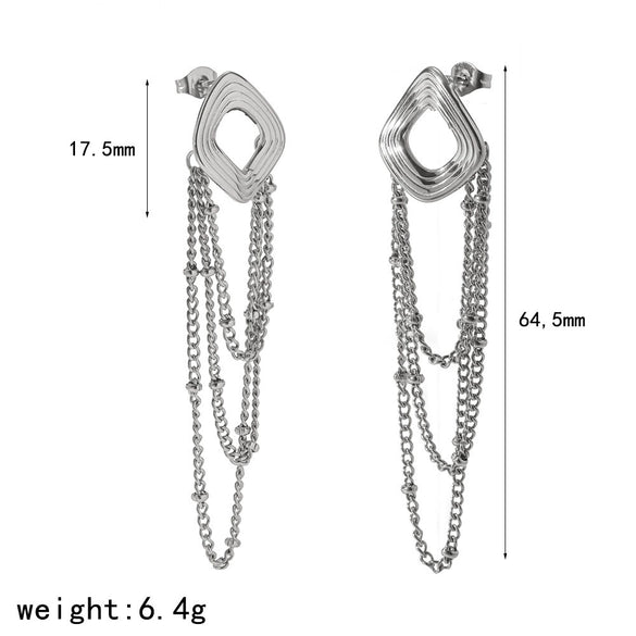 Women's Geometric Stainless Steel Tassel Chain Earrings With Pvd Vacuum Gold Plated Long Drop Design