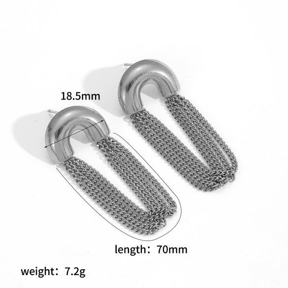 Women's Geometric Stainless Steel Tassel Chain Earrings With Pvd Vacuum Gold Plated Long Drop Design