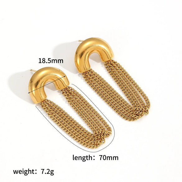 Women's Geometric Stainless Steel Tassel Chain Earrings With Pvd Vacuum Gold Plated Long Drop Design