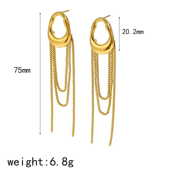 Women's Geometric Stainless Steel Tassel Chain Earrings With Pvd Vacuum Gold Plated Long Drop Design
