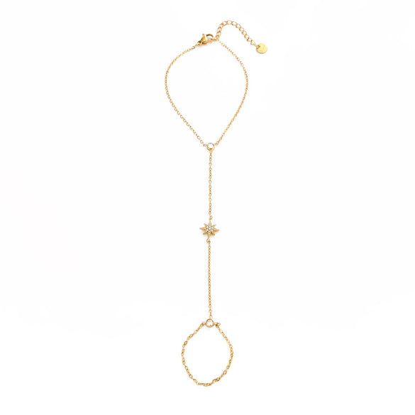 Women's Geometric Star Hand Chain Bracelet In Gold Plated Stainless Steel With A Delicate Thin Chain Design