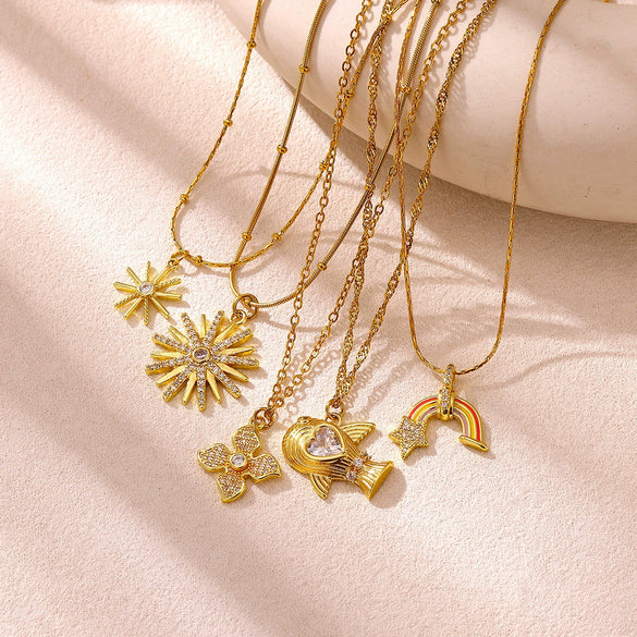 Women's Geometric Starburst Sun Pendant Necklace With Gold Plated Copper Zircon Accents And Ball Chain Wholesale Jewelry
