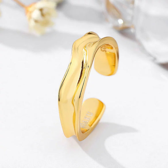 Women's Geometric Sterling Silver Goldplated Open Ring With Polished Mobius Design And Adjustable Fit