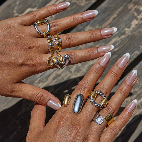 Women's Geometric Style Stainless Steel Ring With Gold And Silver Color Matching Ribbed Twist Cut Out Open Design Electroplated
