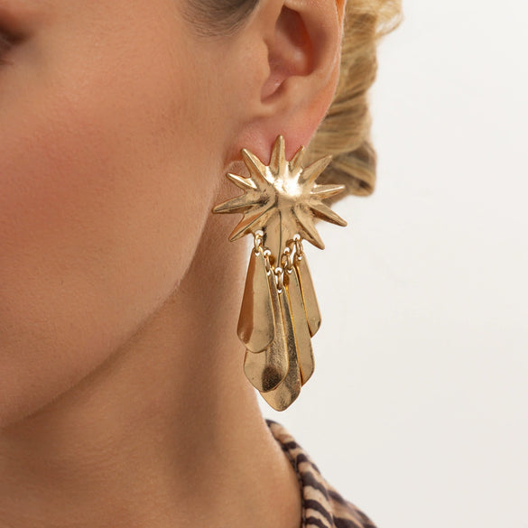 Women's Geometric Sunflower Star Tassel Teardrop Earrings In Glossy Alloy With Electroplated Finish And Steel Posts