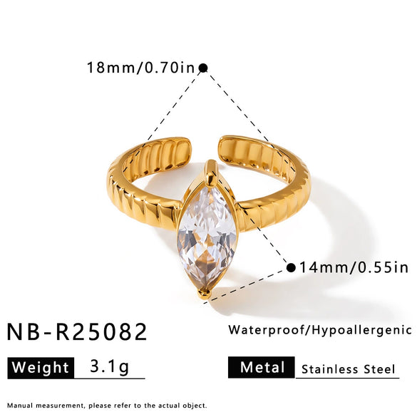 Women's Geometric Teardrop Stainless Steel Ring With Zircon Setting Adjustable Open Design Vacuum Plated Elegant Jewelry