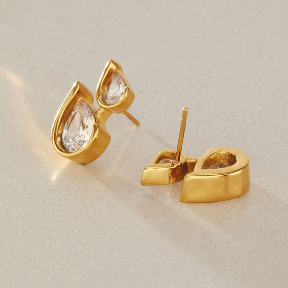 Women's Geometric Teardrop Zirconia Stud Earrings With Titanium Steel Posts And Pvd Vacuum Gold Plating Elegant Wholesale Jewelry