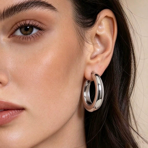Women's Geometric Thick Cshaped Hoop Earrings With Smooth Iron Finish Environmentally Friendly Electroplating And Stainless Steel Posts