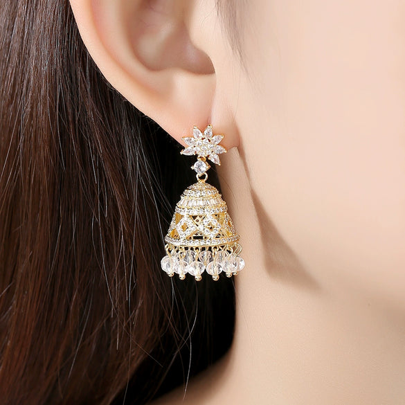 Women's Geometric Three Dimensional Copper Zircon Wind Chime Earrings With Retro Electroplated Finish Fashion Statement Ear Jewelry