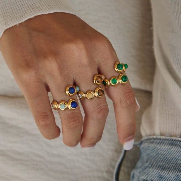 Women's Geometric Tiger Eye Natural Stone Ring In Stainless Steel With Vacuum Pvd Gold Plating Hypoallergenic Jewelry