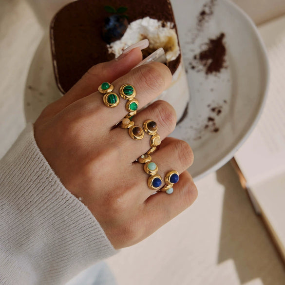 Women's Geometric Tiger Eye Natural Stone Ring In Stainless Steel With Vacuum Pvd Gold Plating Hypoallergenic Jewelry