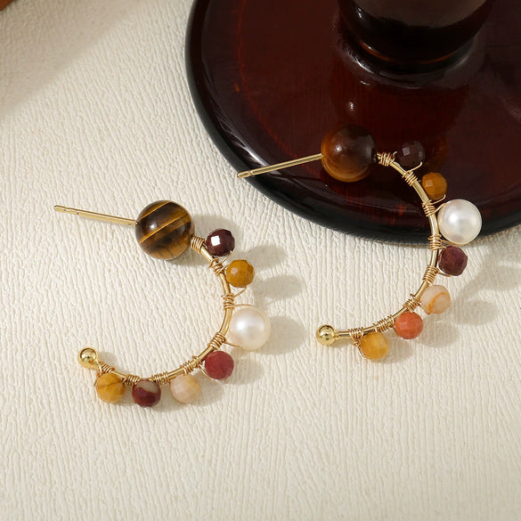Women's Geometric Tiger Eye Stone And Freshwater Pearl Earrings With Electroplating