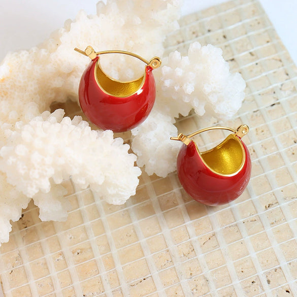Women's Geometric Titanium Steel Drop Earrings With Electroplated Red And Green Oil Drop Design