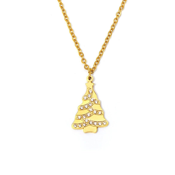 Women's Geometric Tree Pendant Necklace With Zircon Inlay Stainless Steel Gold Tone Electroplated Chain Jewelry Gift