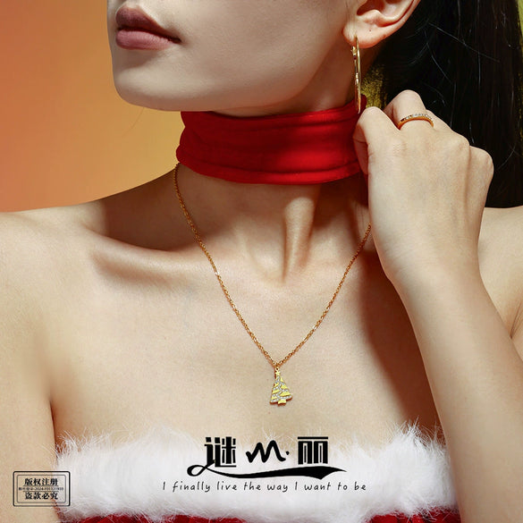 Women's Geometric Tree Pendant Necklace With Zircon Inlay Stainless Steel Gold Tone Electroplated Chain Jewelry Gift