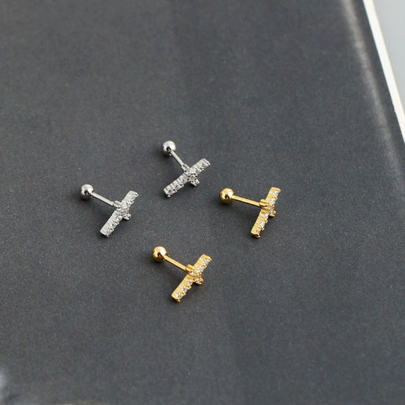 Women's Geometric Twisted Cross Stud Earrings In 925 Silver With Diamond Set Gold Tone Detail Fresh Fashion Jewelry