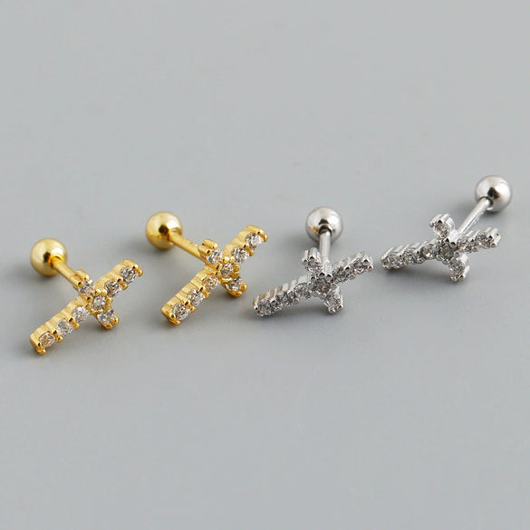 Women's Geometric Twisted Cross Stud Earrings In 925 Silver With Diamond Set Gold Tone Detail Fresh Fashion Jewelry
