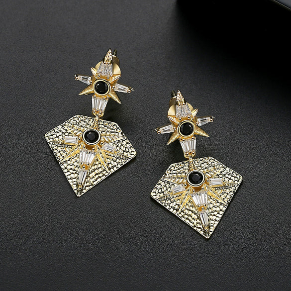Women's Geometric Twotone Copper Earrings With Black Zircon Accents And Electroplated Textured Design