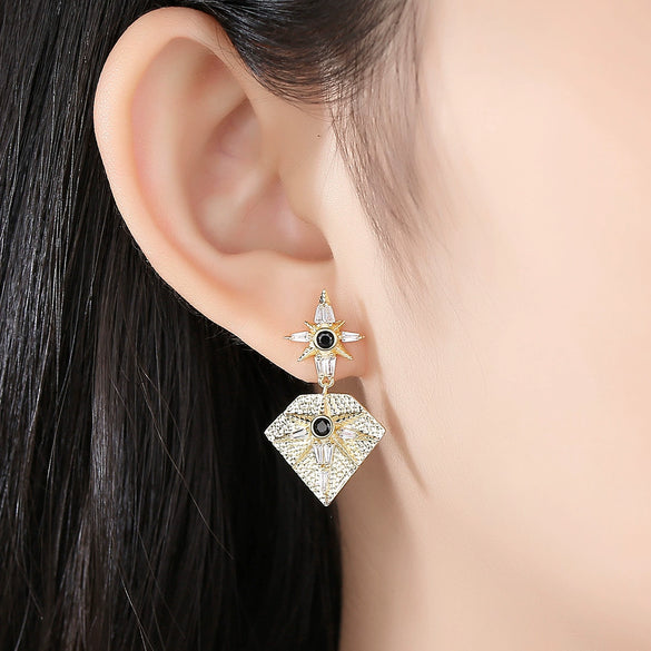 Women's Geometric Twotone Copper Earrings With Black Zircon Accents And Electroplated Textured Design