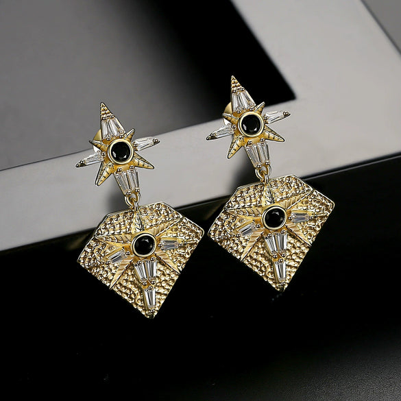 Women's Geometric Twotone Copper Earrings With Black Zircon Accents And Electroplated Textured Design